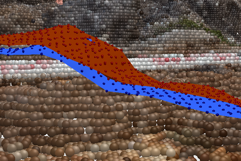 The dark blue surface is the Poisson surface derived from UAV-MVS and the brown surface is the Poisson surface derived from T-MVS in 6 cm wide strips viewed over a pebbly beach section of the T-MVS points cloud (Z-10 cm), each natural coloured dot has a 14mm diameter